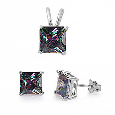 Sterling Silver Classy Princess Cut Rainbow Topaz Simulated Diamonds Stud Earrings and Pendant Set