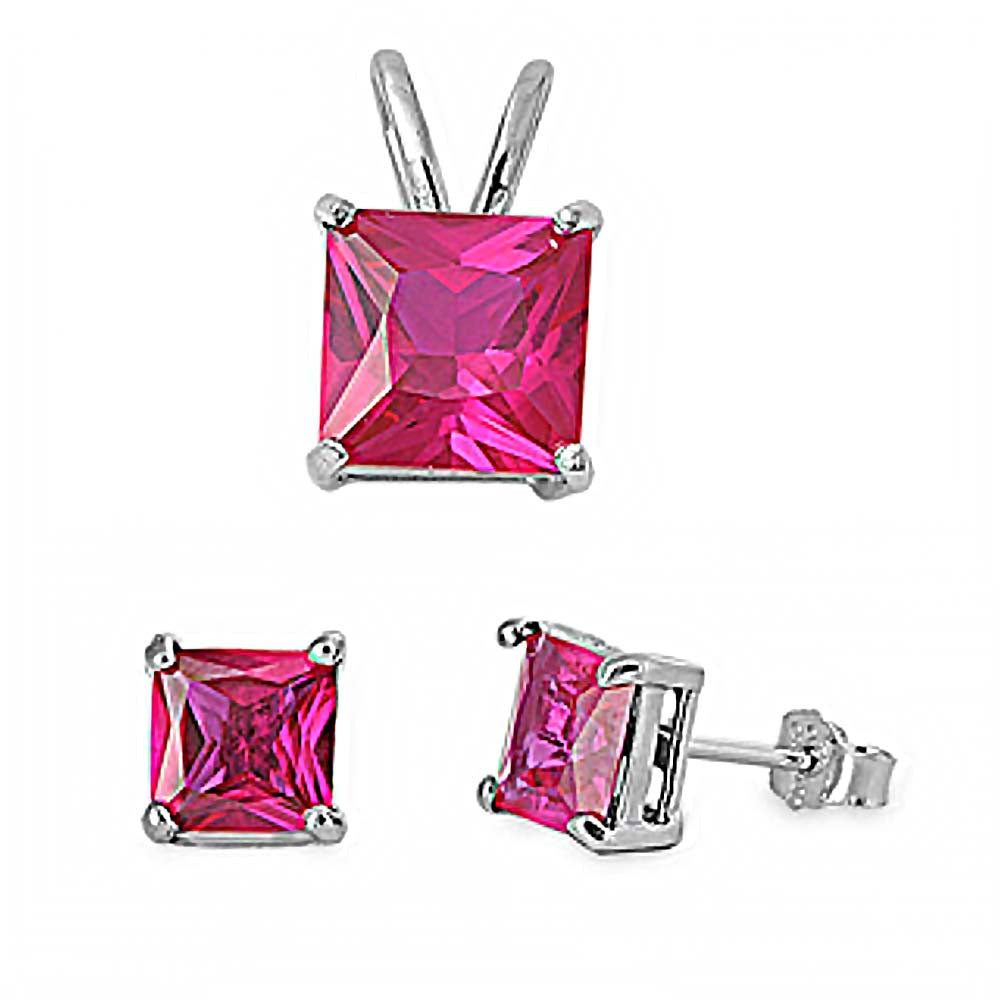 Sterling Silver Classy Princess Cut Ruby CZ Stud Earrings and Pendant Set