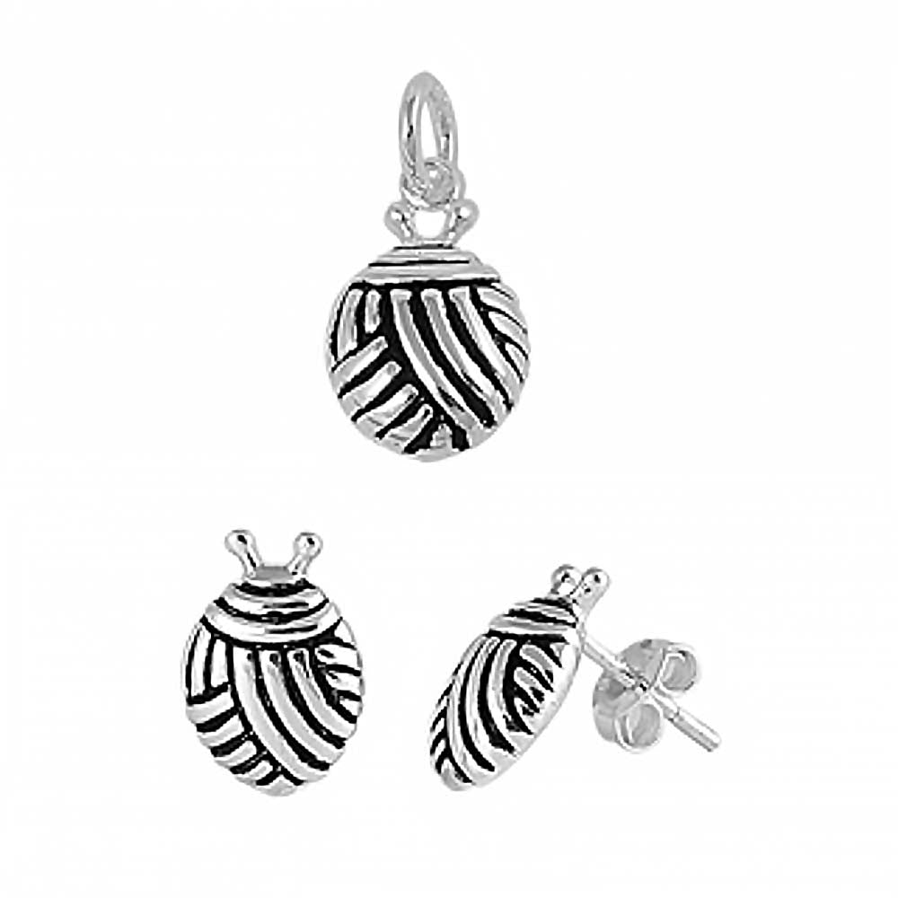 Sterling Silver Fancy Ladybug Design Earrings and Pendant Set