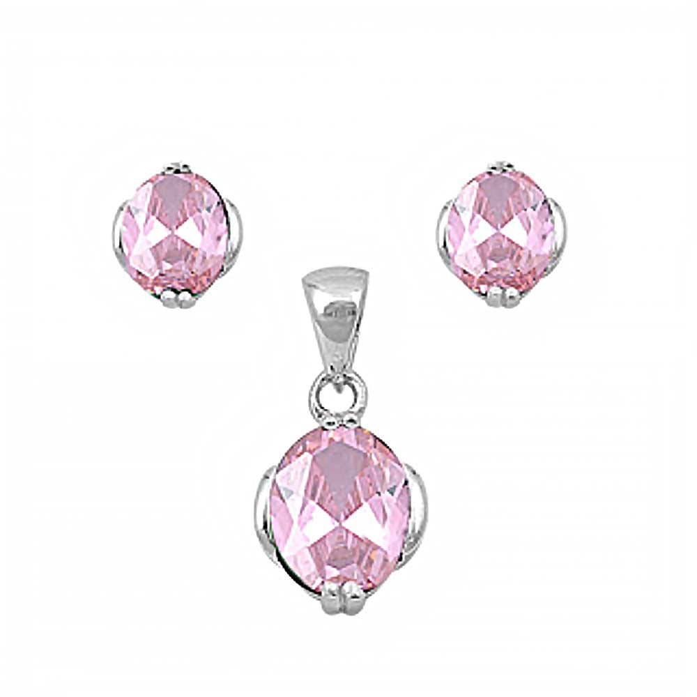 Sterling Silver Luxurious Pink Simulated Oval Cut Earrings and Pendant Set on Tension Setting