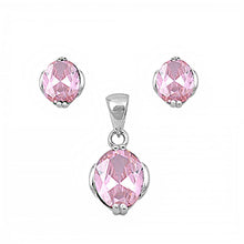 Load image into Gallery viewer, Sterling Silver Luxurious Pink Simulated Oval Cut Earrings and Pendant Set on Tension Setting