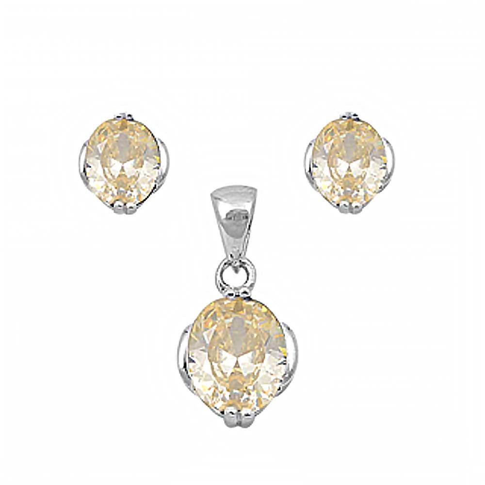 Sterling Silver Luxurious Yellow Topaz Simulated Oval Cut Earrings and Pendant Set on Tension Setting