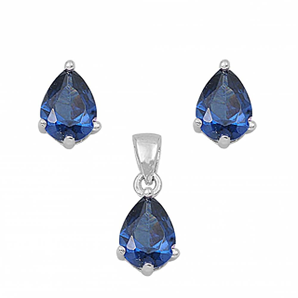 Sterling Silver Luxurious Blue Sapphire Simulated Pear Cut Earrings and Pendant Set on High Quality Prong Setting