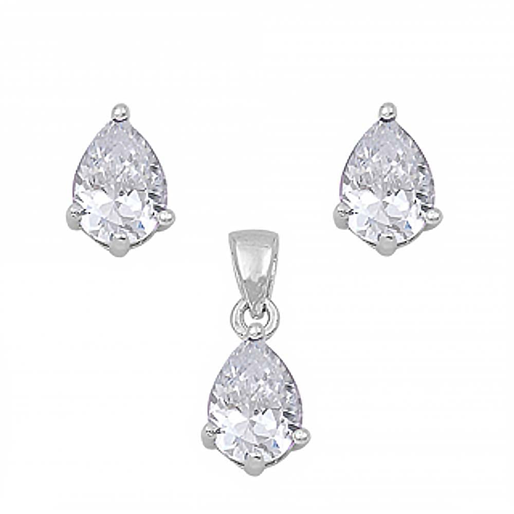 Sterling Silver Luxurious Clear Simulated Pear Cut Earrings and Pendant Set on High Quality Prong Setting