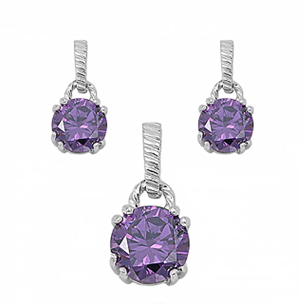 Sterling Silver Luxurious Amethyst Simulated Round Cut Earrings and Pendant Set with Fancy Etched Clasp