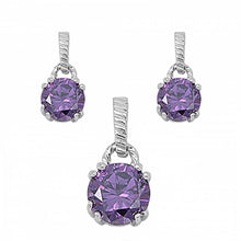 Load image into Gallery viewer, Sterling Silver Luxurious Amethyst Simulated Round Cut Earrings and Pendant Set with Fancy Etched Clasp