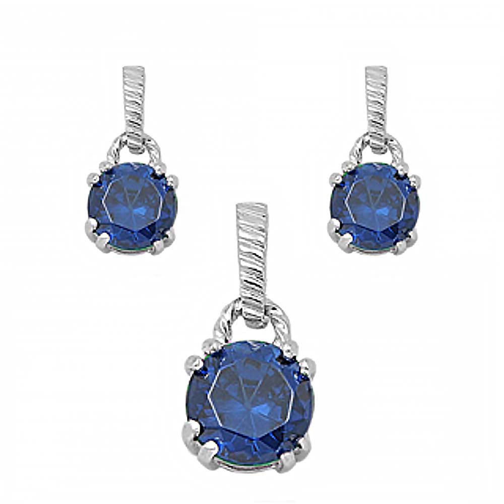 Sterling Silver Luxurious Blue Sapphire Simulated Round Cut Earrings and Pendant Set with Fancy Etched Clasp