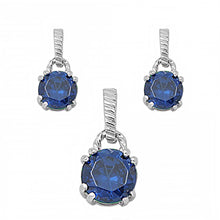 Load image into Gallery viewer, Sterling Silver Luxurious Blue Sapphire Simulated Round Cut Earrings and Pendant Set with Fancy Etched Clasp