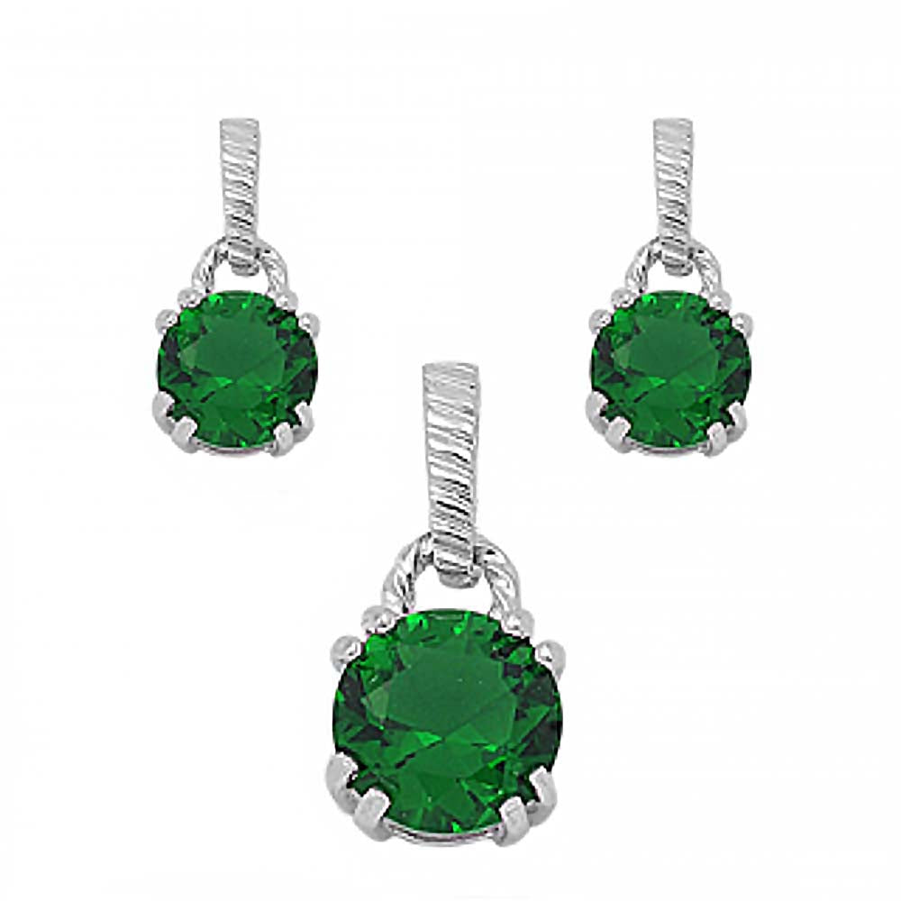 Sterling Silver Luxurious Emerald Simulated Round Cut Earrings and Pendant Set with Fancy Etched Clasp