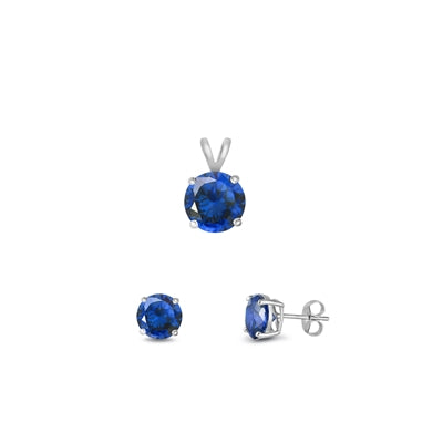 Sterling Silver Rhodium Plated Blue Sapphire CZ Round Set