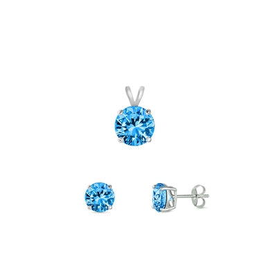 Sterling Silver Rhodium Plated Blue Topaz CZ Round Set