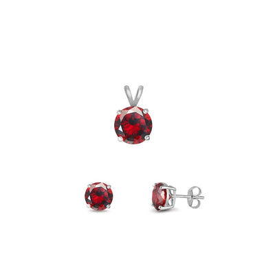 Sterling Silver Rhodium Plated Garnet CZ Round Set