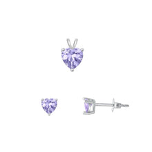 Load image into Gallery viewer, Sterling Silver Rhodium Plated Heart Solitaire Lavender CZ Set