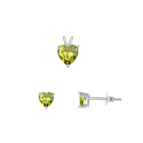 Sterling Silver Rhodium Plated Heart Solitaire Peridot CZ Set