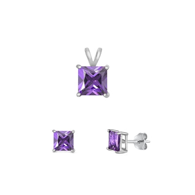 Sterling Silver Rhodium Plated Amethyst CZ Set