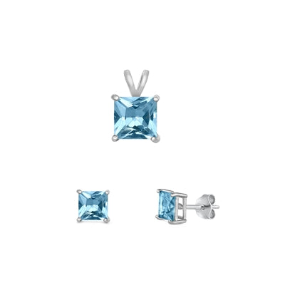 Sterling Silver Rhodium Plated Aquamarine CZ Set