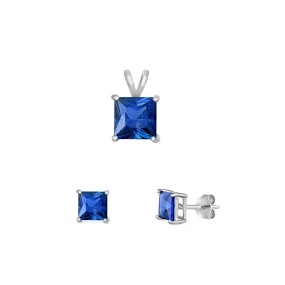 Sterling Silver Rhodium Plated Blue Sapphire CZ Set