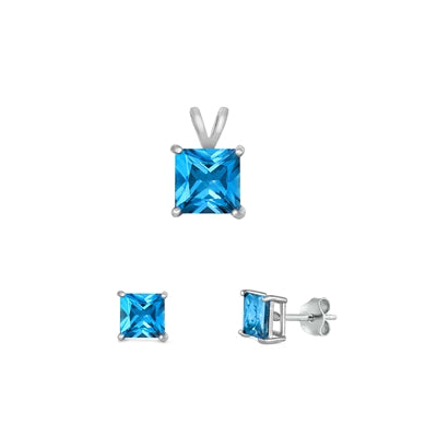 Sterling Silver Rhodium Plated Blue Topaz CZ Set