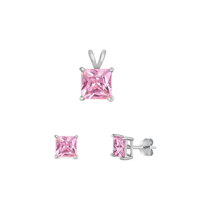 Sterling Silver Rhodium Plated Pink CZ Set