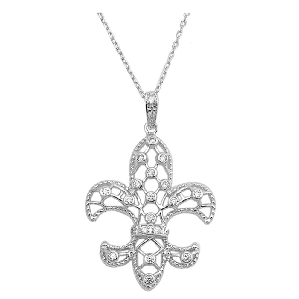 Sterling Silver Necklace Fleur De Lise With CZ