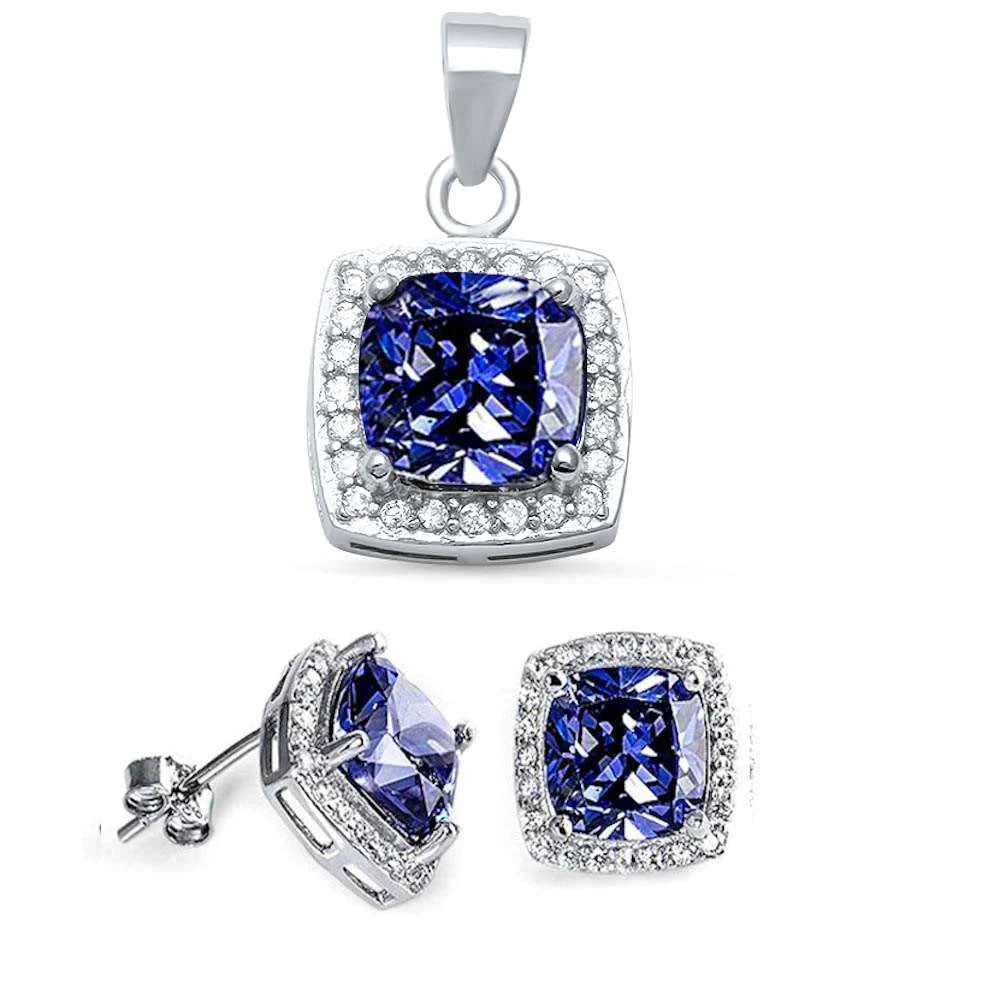 Sterling Silver 3.50ct Cushion Cut Tanzanite Cz Earring and Pendant Jewelry set, Pendant 20mm, Earrings 11mm