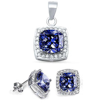 Load image into Gallery viewer, Sterling Silver 3.50ct Cushion Cut Tanzanite Cz Earring and Pendant Jewelry set, Pendant 20mm, Earrings 11mm