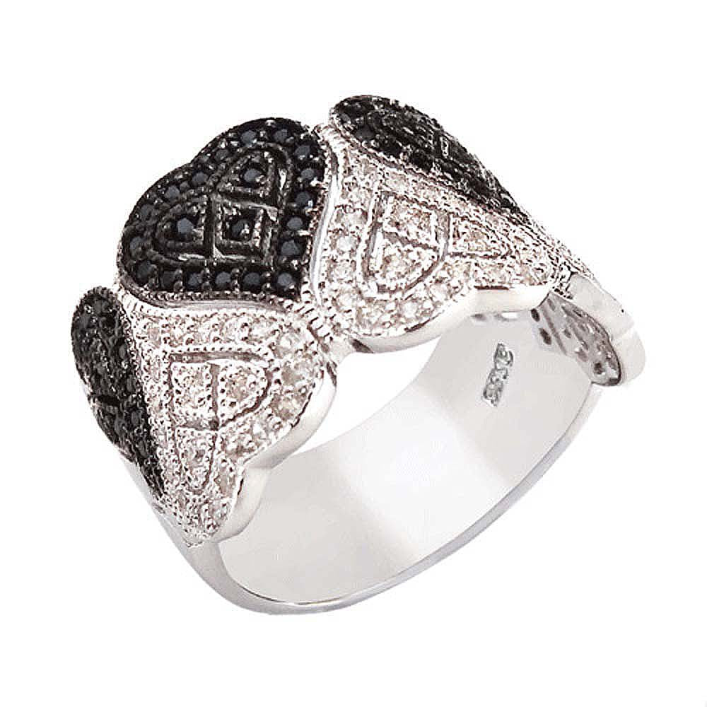 Sterling Silver Black & White Cubic Zirconia Heart Design RingAnd width 14.5 mm