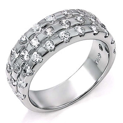 Sterling Silver Triple Band Ring with Evenly Arrange Round CzAnd Ring Width 14MM