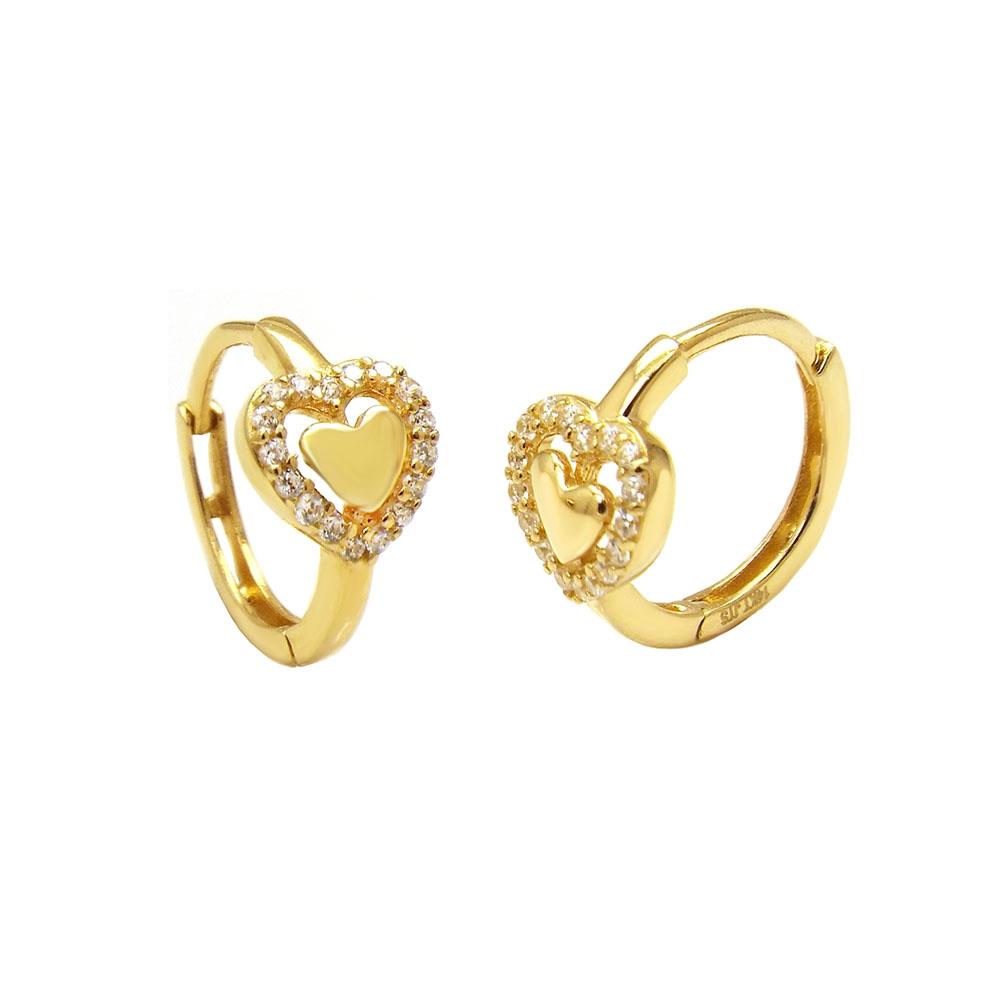 14K Gold Heart With Cubic Zirconia Huggie Hoop Earrings