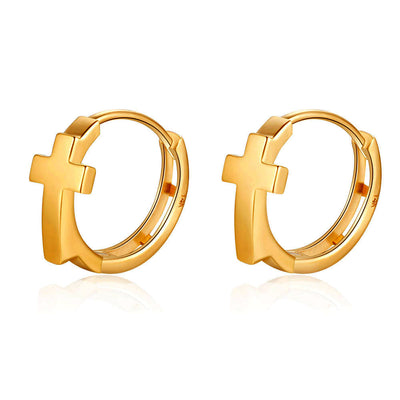 14K Yellow Gold Cross Huggie Hoop Earrings