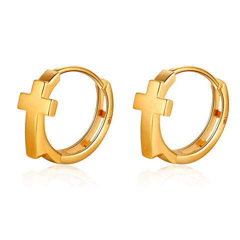14K Yellow Gold Cross Huggie Hoop Earrings