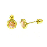 14K Yellow Gold Diamond Cut Bezel Set Round Pink CZ With Screw Back Stud Earrings
