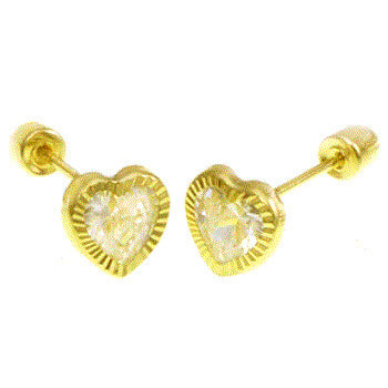 14K Yellow Gold Heart Cubic Zirconia Diamond Cut Bezel Set With Screw Back Stud Earrings