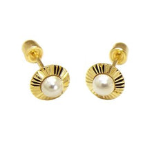 Load image into Gallery viewer, 14K Yellow Gold Round Diamond Cut Disc And Pearl Stud Earrngs With Screw Back