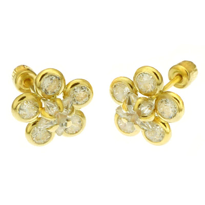 14K Yellow Gold Flower Cubic Zirconia Stud Earrings With Screw Back