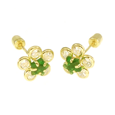 14K Yellow Gold Simulated Emerald Halo CZ Flower With Screw Back Stud Earrings