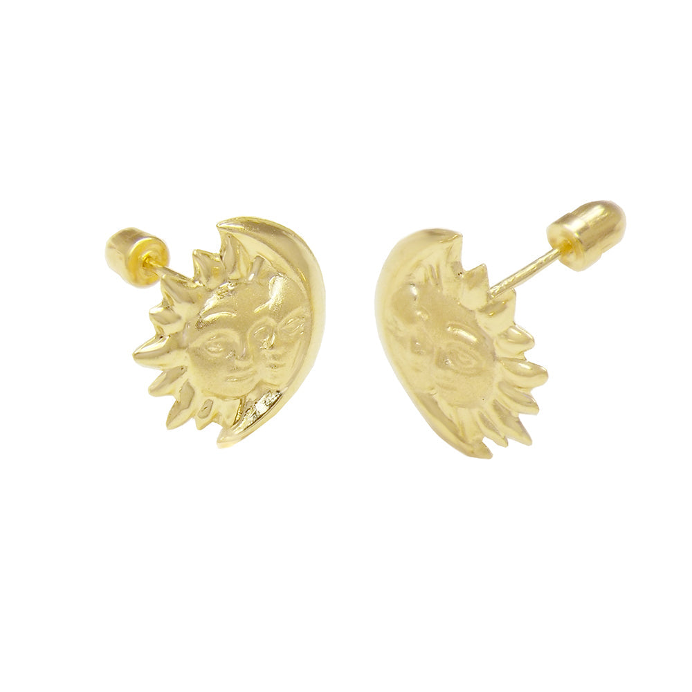 14K Yellow Gold Gold Moon And Sun With Screw Back Stud Earrings