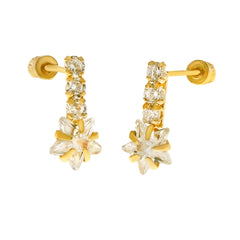 14K Yellow Gold Cubic Zirconia Flower Stud Earrings With Screw Back