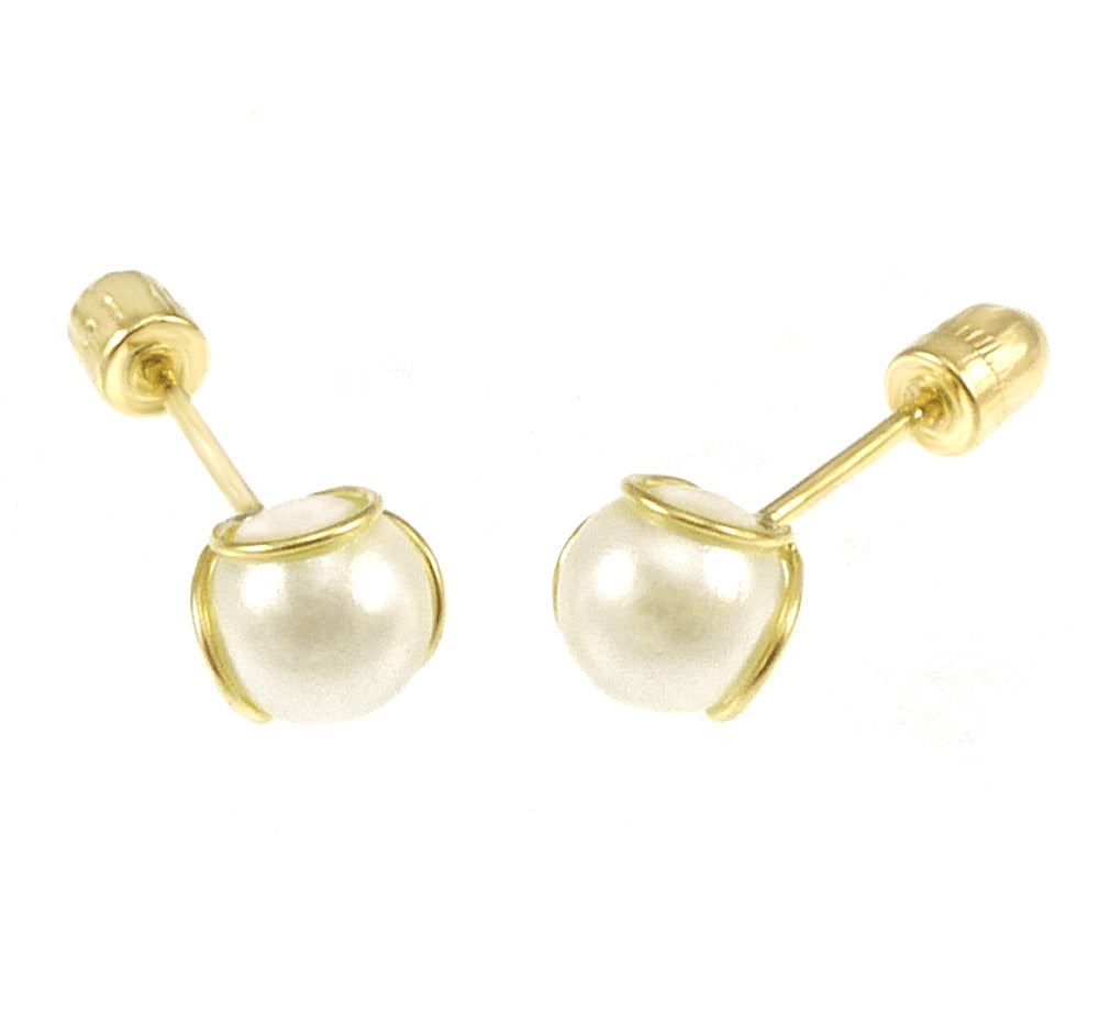 14K Yellow Gold Pearl Stud Earrings With Screw Back