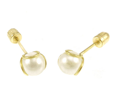 14K Yellow Gold Pearl Stud Earrings With Screw Back