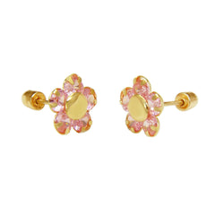 14K Yellow Gold Pink Cubic Zirconia Flower With Screw Back Stud Earrings