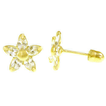 14K Yellow Gold Cubic Zirconia Flower With Screw Back Stud Earrings