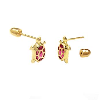 14K Yellow Gold Turtle With Red CZ Screw Back Stud Earrings