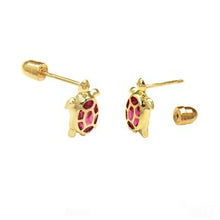 Load image into Gallery viewer, 14K Yellow Gold Turtle With Red CZ Screw Back Stud Earrings