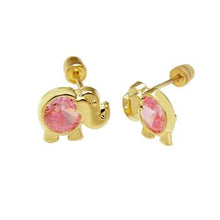 Load image into Gallery viewer, 14K Yellow Gold Elephant And Pink CZ With Screw Back Stud Earrings