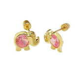 14K Yellow Gold Elephant And Pink CZ With Screw Back Stud Earrings