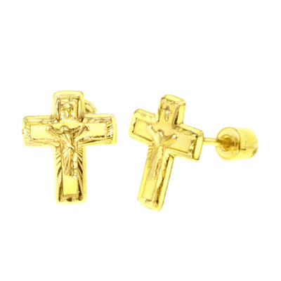 14K Yellow Gold Diamond Cut Crucifix Cross Stud Earrings With Screw Back