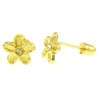 14K Yellow Gold Diamond Cut Flower With Screw Back Stud Earrings