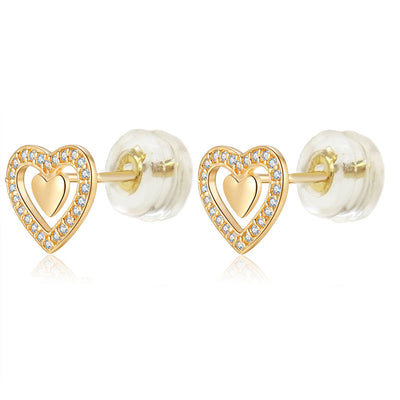 14K Yellow Gold Micro Pave CZ Double Heart Stud Earrings With Silicone Backing