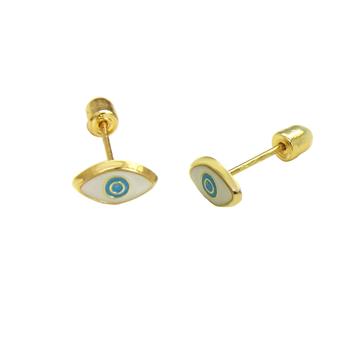 14K Yellow Gold Light Blue Evil Eye With Screw Back Stud Earrings